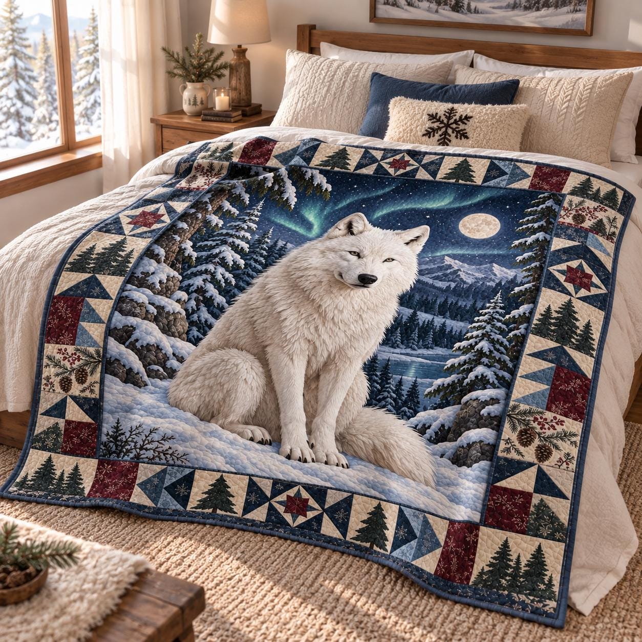White Wolf Snowy Forest and Northern Lights Winter Bed Blanket – Quilted Style Wildlife Throw Bedding for Rustic Cabin Decor - photo 2