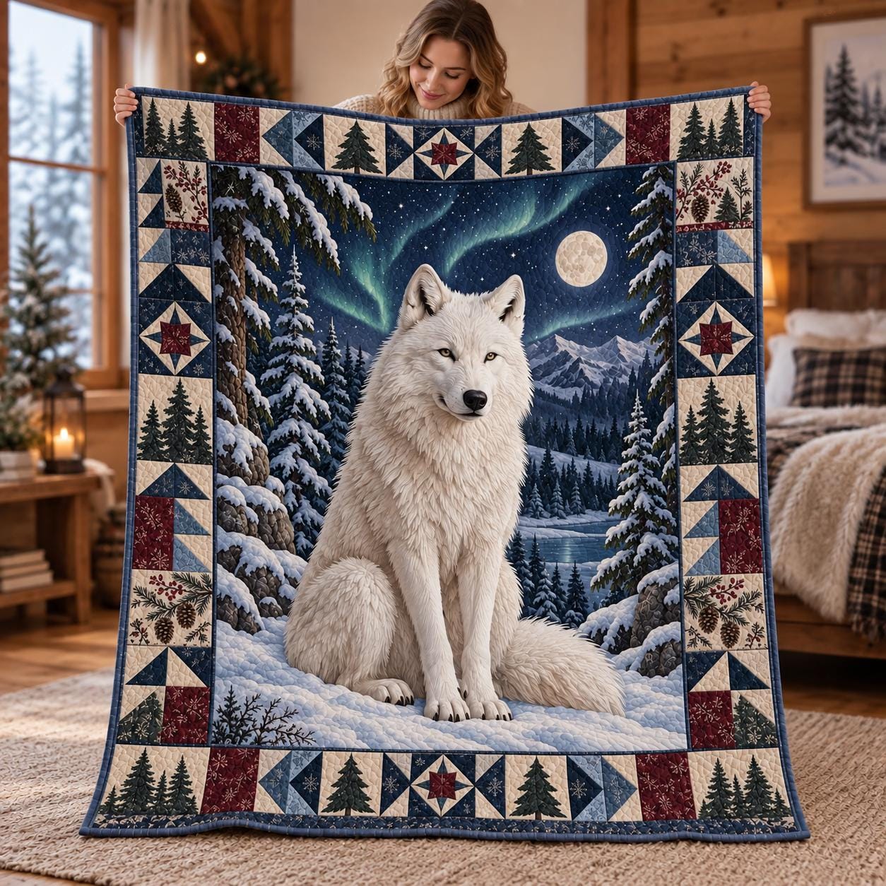 White Wolf Snowy Forest and Northern Lights Winter Bed Blanket – Quilted Style Wildlife Throw Bedding for Rustic Cabin Decor - photo 3