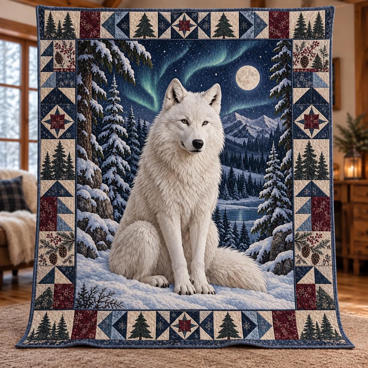 White Wolf Snowy Forest and Northern Lights Winter Bed Blanket – Quilted Style Wildlife Throw Bedding for Rustic Cabin Decor - photo 6
