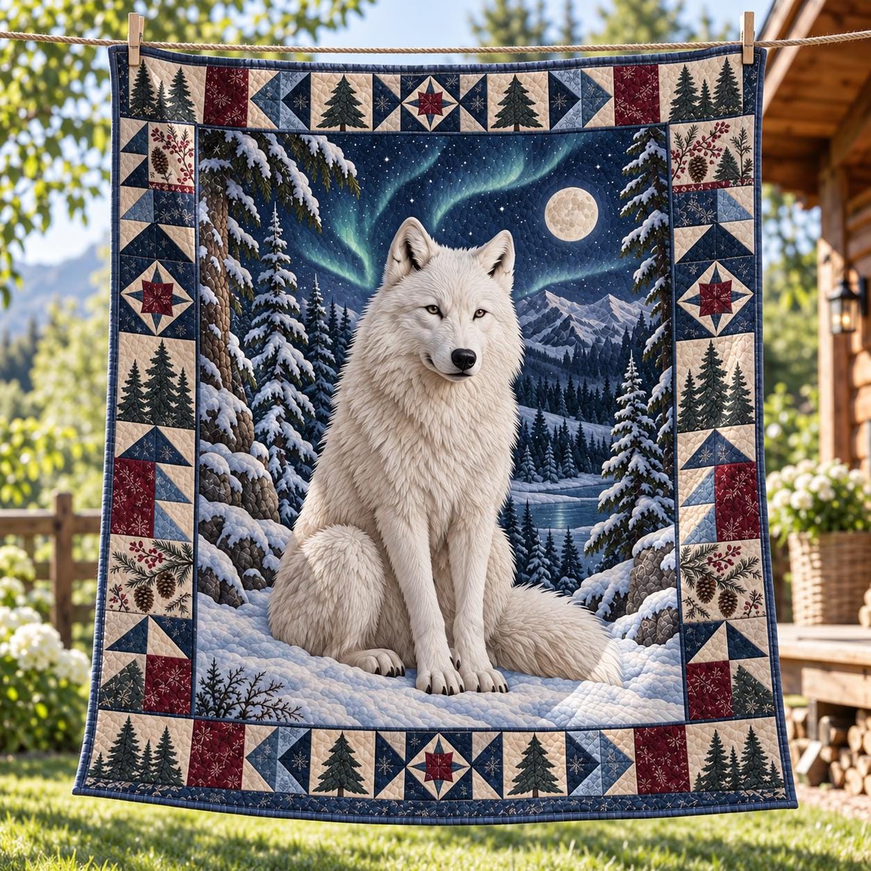 White Wolf Snowy Forest and Northern Lights Winter Bed Blanket – Quilted Style Wildlife Throw Bedding for Rustic Cabin Decor - photo 7