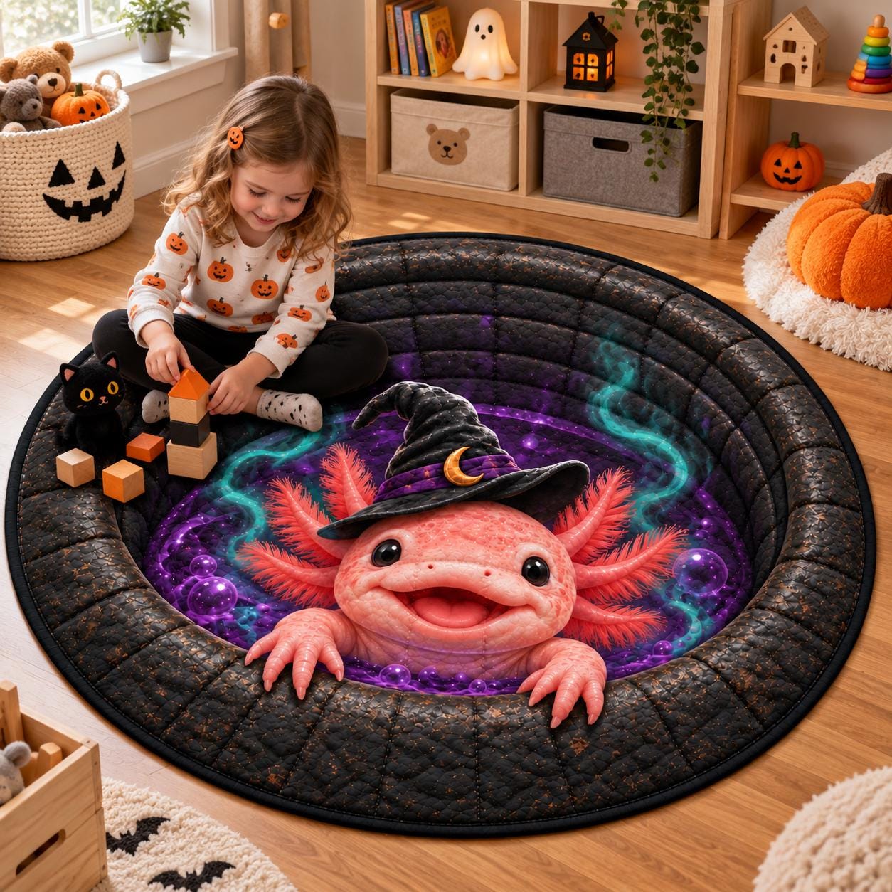 Halloween Axolotl Round Rug – Cute Witch Floor Mat Spooky Purple Cauldron Quilted Style Home Decor