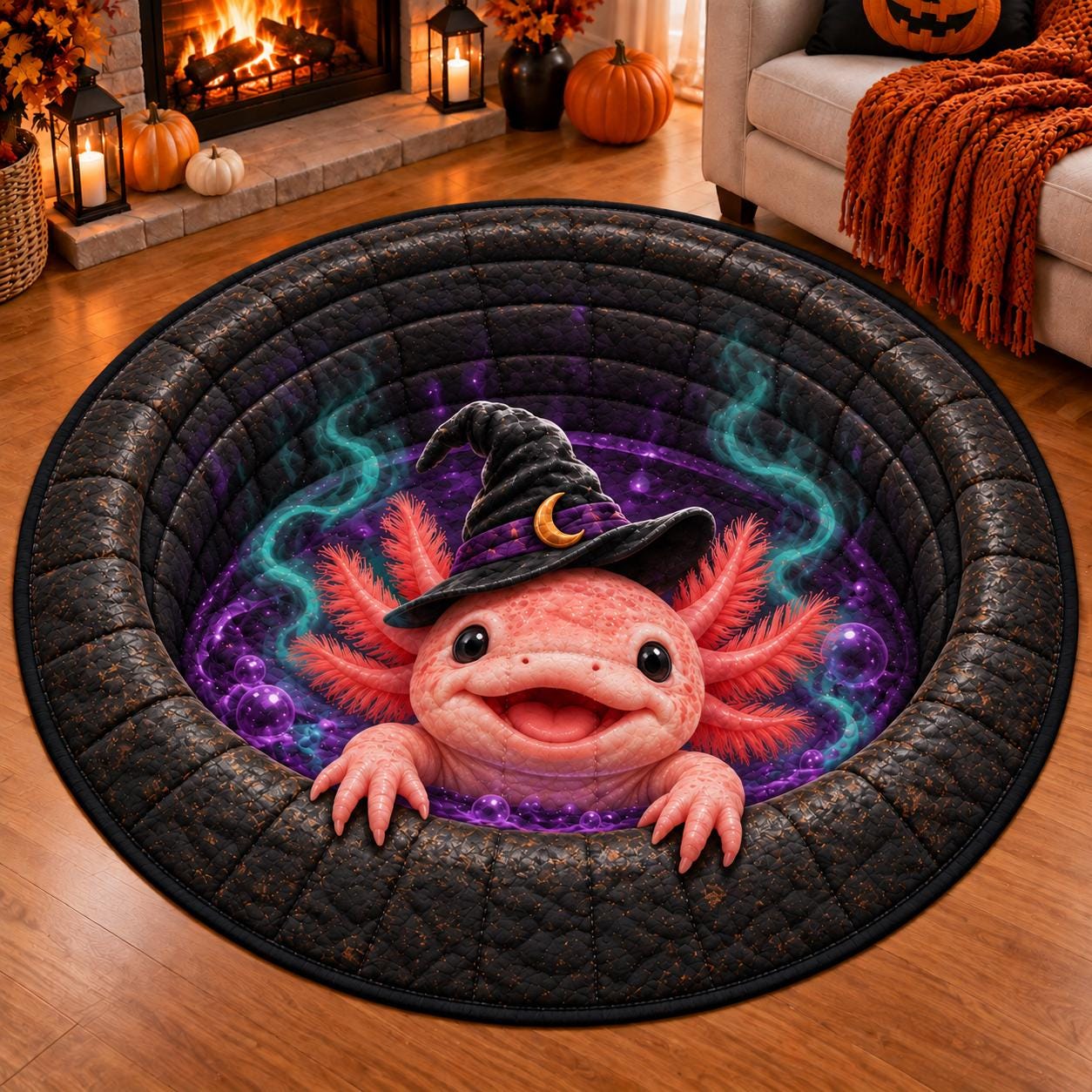 Halloween Axolotl Round Rug – Cute Witch Floor Mat Spooky Purple Cauldron Quilted Style Home Decor - photo 2