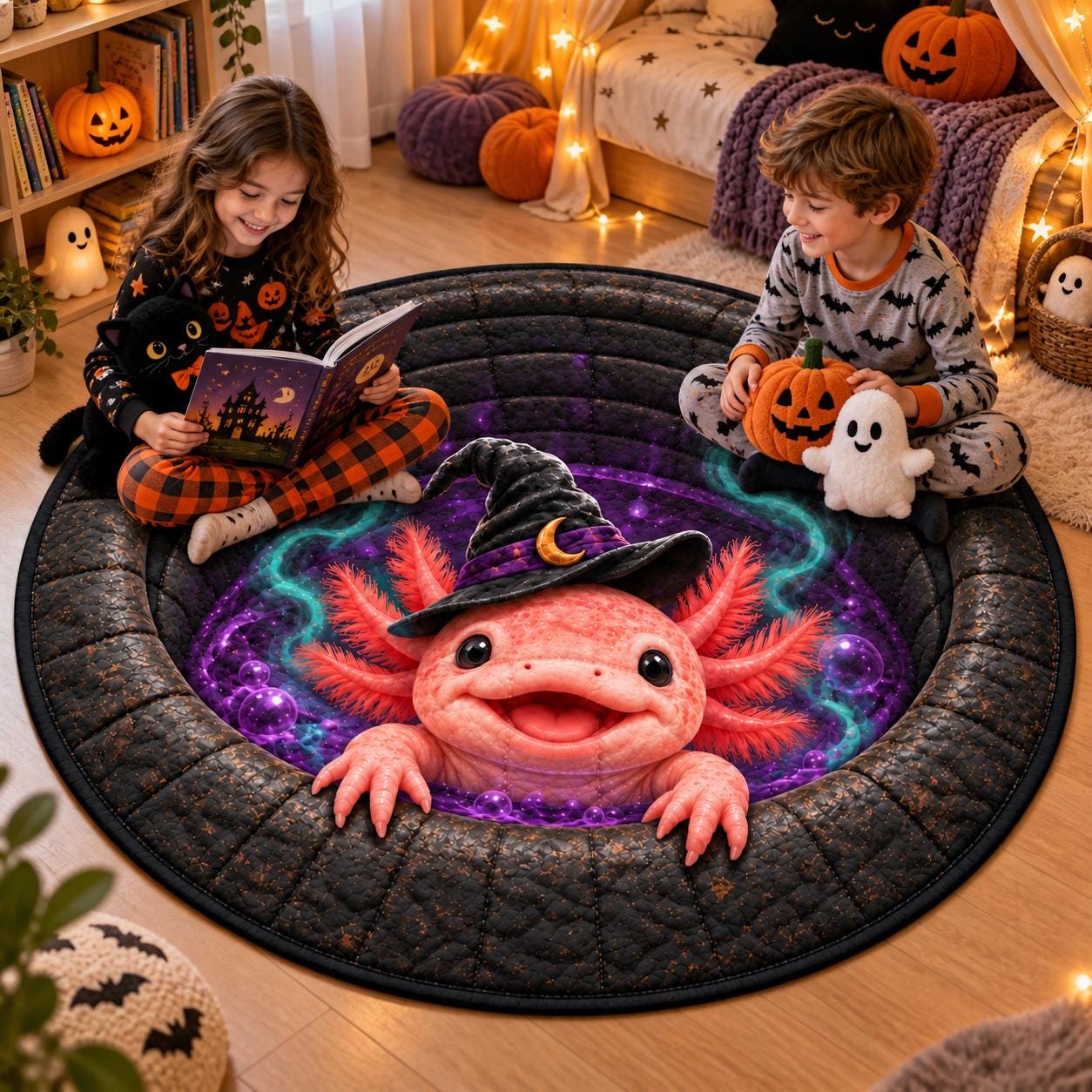 Halloween Axolotl Round Rug – Cute Witch Floor Mat Spooky Purple Cauldron Quilted Style Home Decor - photo 4