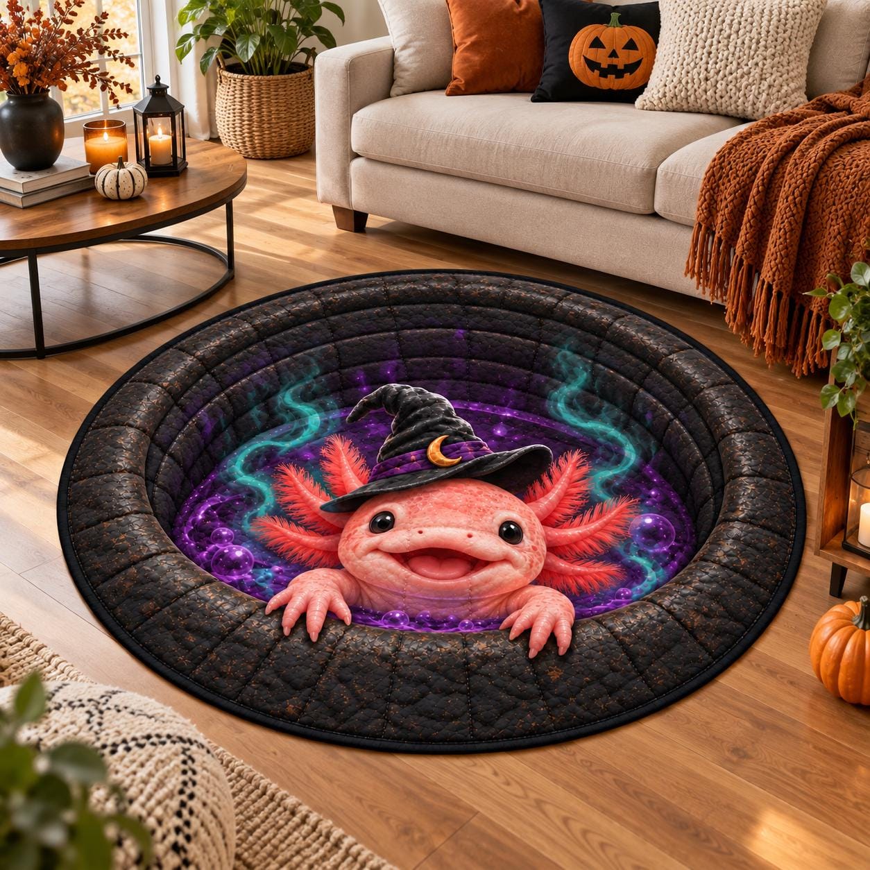 Halloween Axolotl Round Rug – Cute Witch Floor Mat Spooky Purple Cauldron Quilted Style Home Decor - photo 5