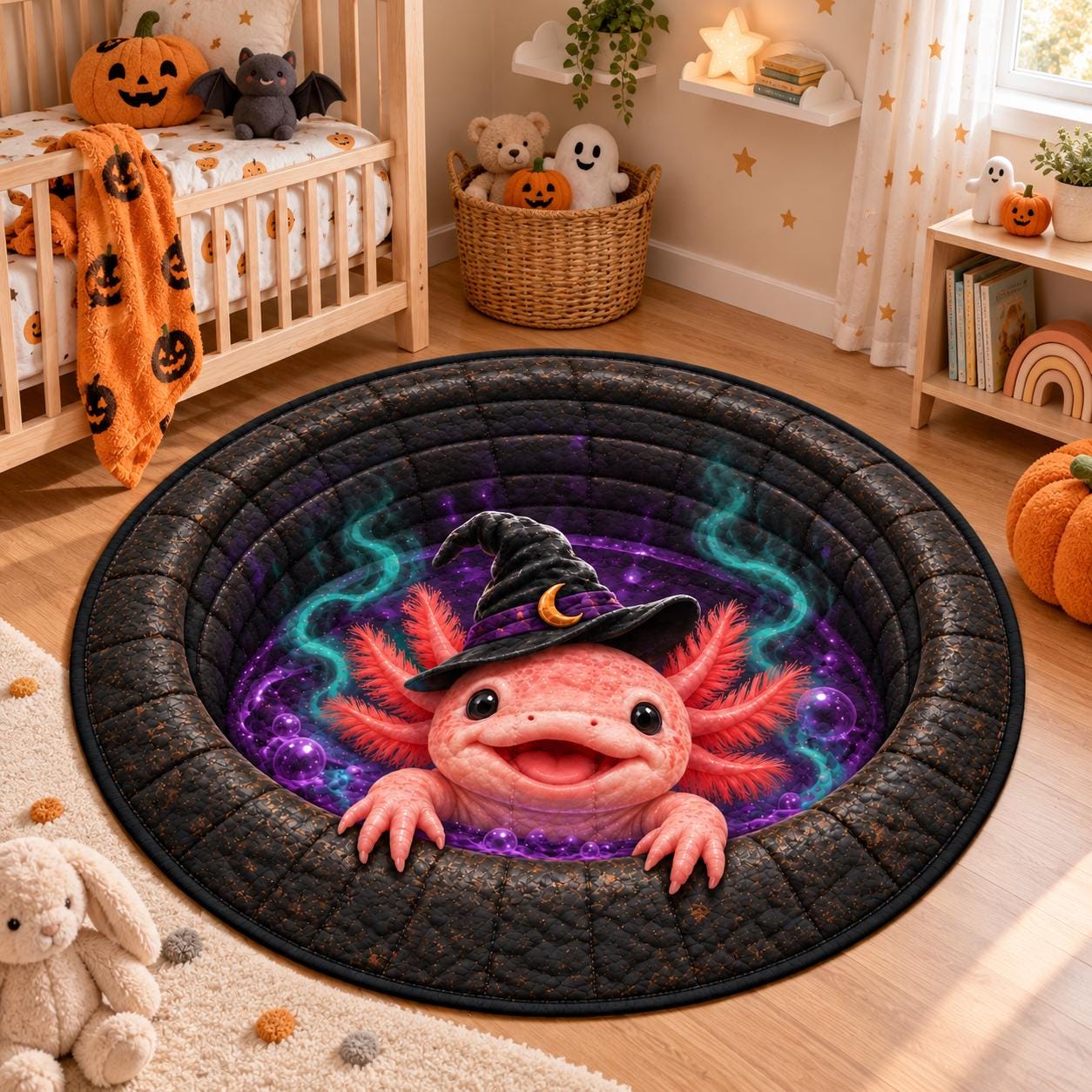 Halloween Axolotl Round Rug – Cute Witch Floor Mat Spooky Purple Cauldron Quilted Style Home Decor - photo 6