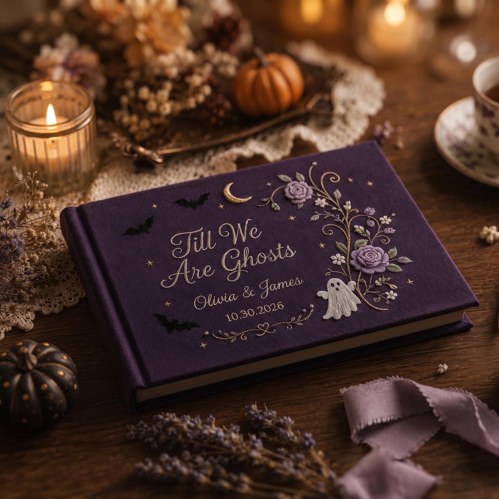 Till We Are Ghosts Personalized Purple Embroidered Gothic Wedding Guest Book – Custom Couple Names and Date Guestbook Keepsake