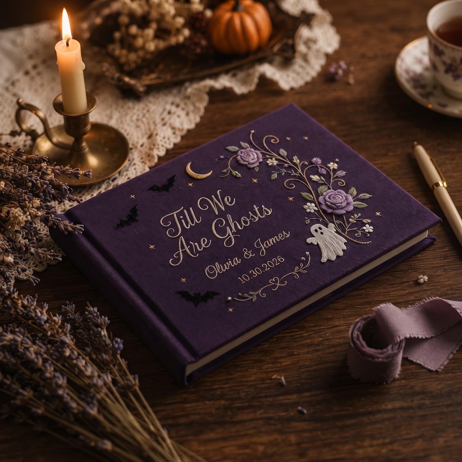 Till We Are Ghosts Personalized Purple Embroidered Gothic Wedding Guest Book – Custom Couple Names and Date Guestbook Keepsake - photo 2