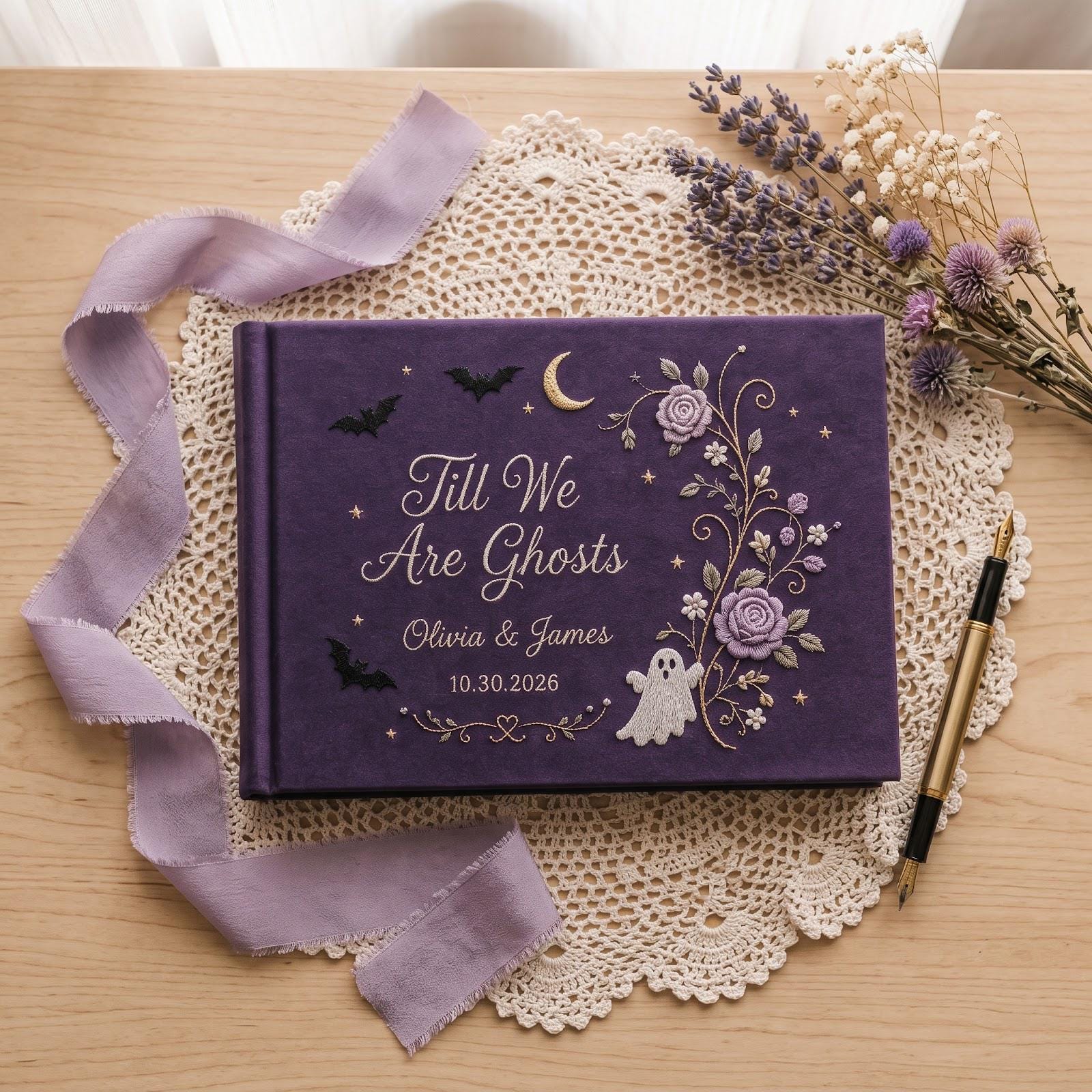 Till We Are Ghosts Personalized Purple Embroidered Gothic Wedding Guest Book – Custom Couple Names and Date Guestbook Keepsake - photo 7