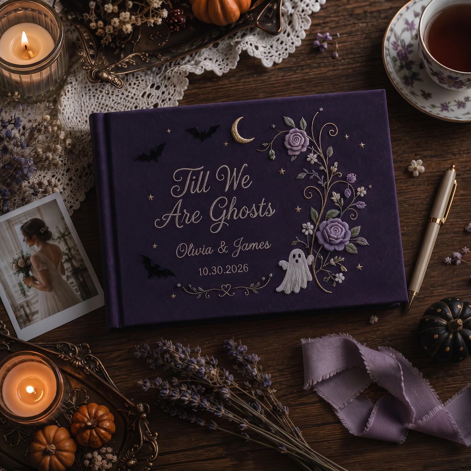 Till We Are Ghosts Personalized Purple Embroidered Gothic Wedding Guest Book – Custom Couple Names and Date Guestbook Keepsake - photo 8