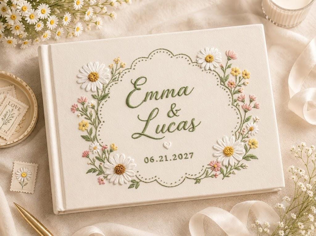 Personalized Embroidered Wedding Guest Book – Daisy Floral Guestbook Custom Couple Names Date Spring Garden Keepsake
