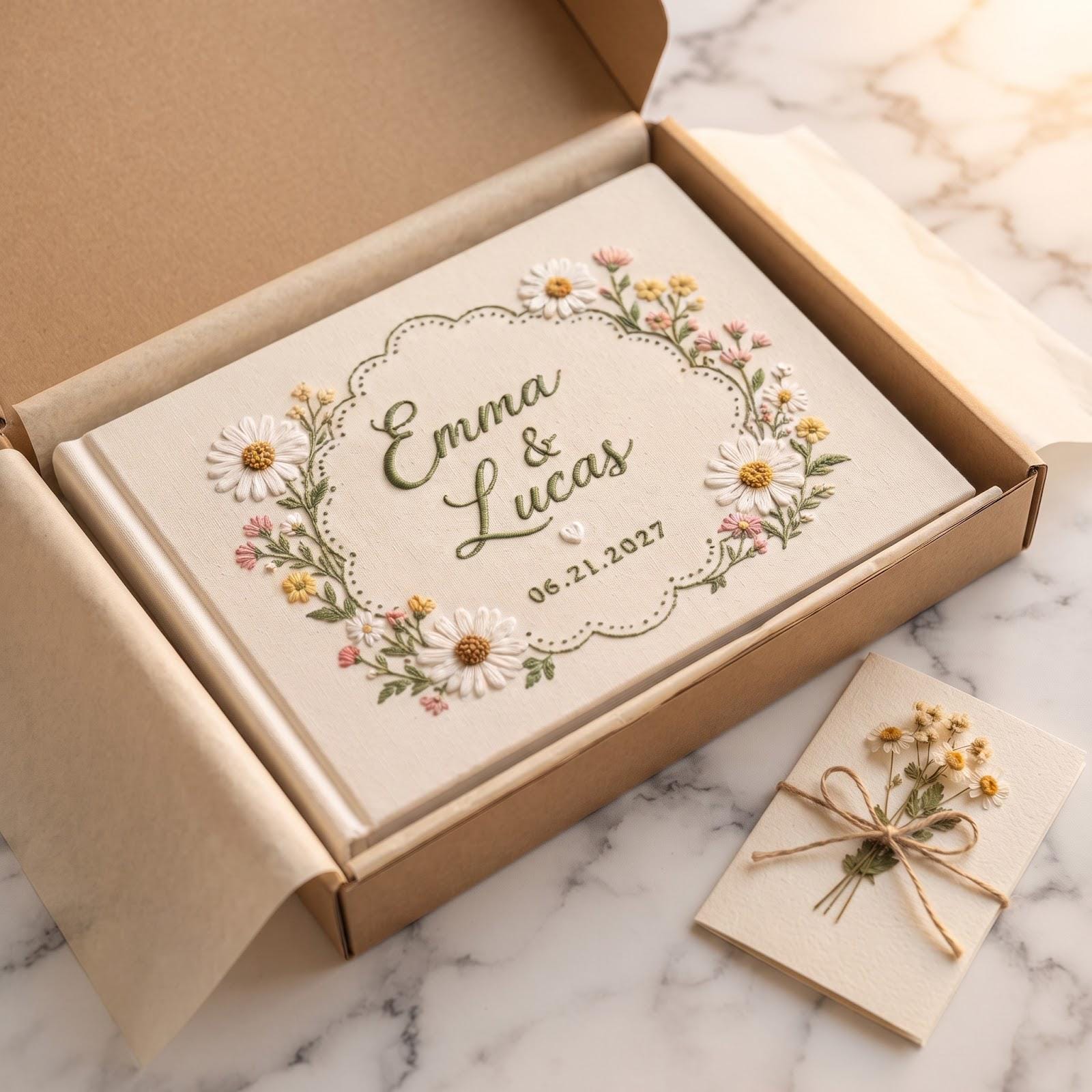 Personalized Embroidered Wedding Guest Book – Daisy Floral Guestbook Custom Couple Names Date Spring Garden Keepsake - photo 2