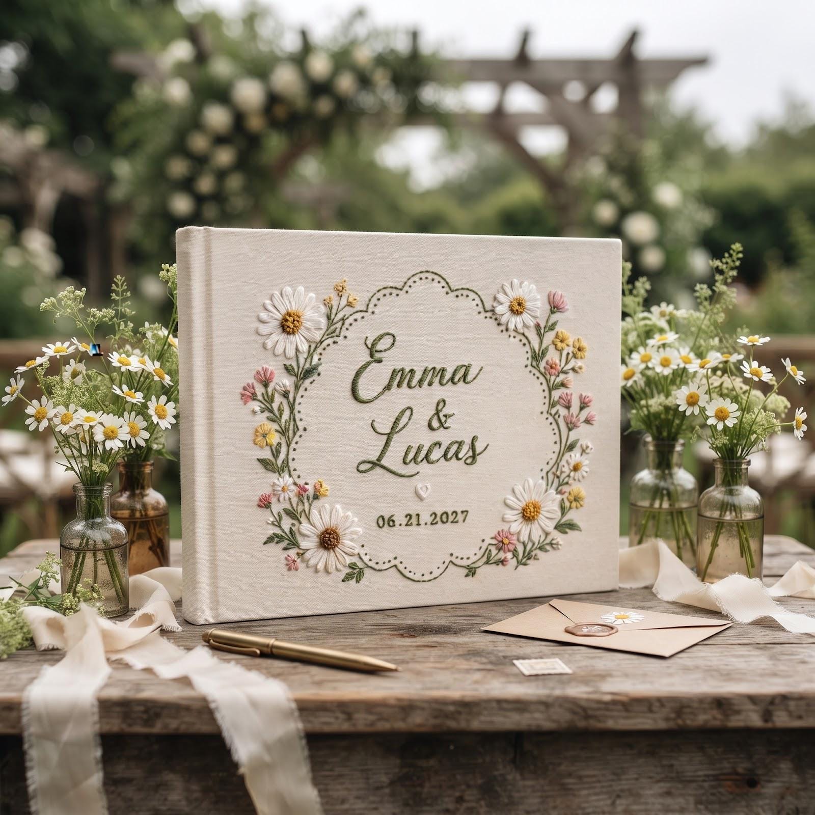 Personalized Embroidered Wedding Guest Book – Daisy Floral Guestbook Custom Couple Names Date Spring Garden Keepsake - photo 3