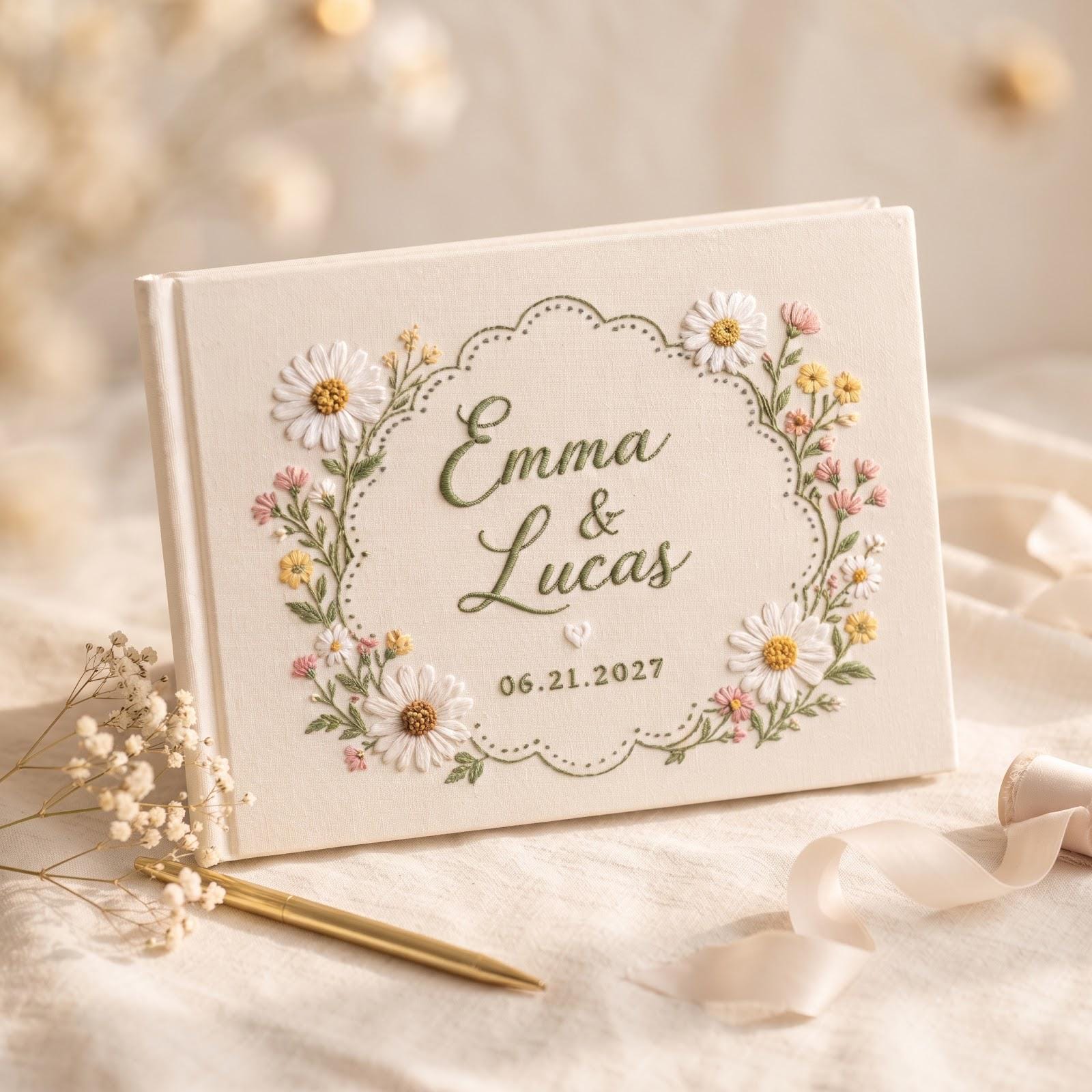 Personalized Embroidered Wedding Guest Book – Daisy Floral Guestbook Custom Couple Names Date Spring Garden Keepsake - photo 4