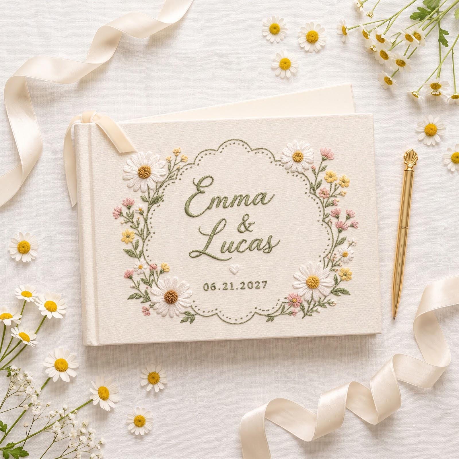 Personalized Embroidered Wedding Guest Book – Daisy Floral Guestbook Custom Couple Names Date Spring Garden Keepsake - photo 9