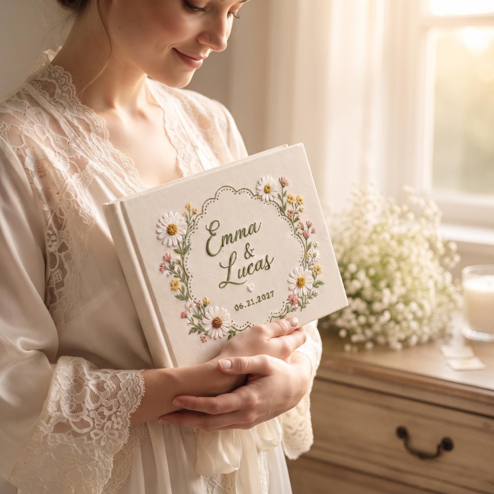 Personalized Embroidered Wedding Guest Book – Daisy Floral Guestbook Custom Couple Names Date Spring Garden Keepsake - photo 10
