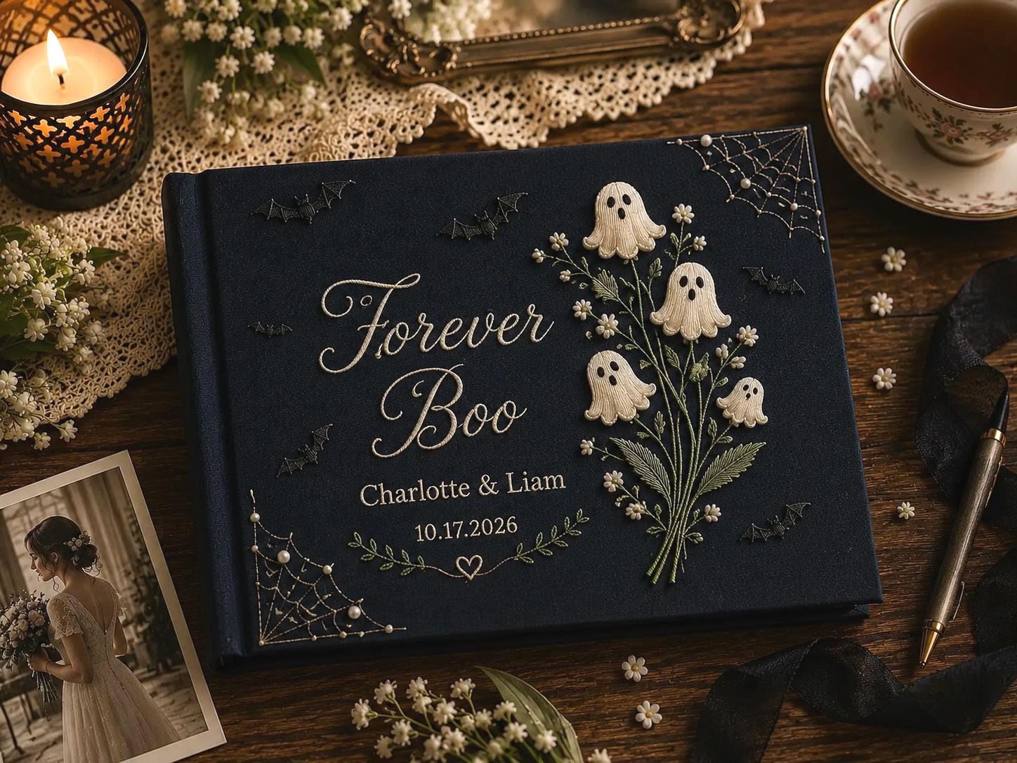 Forever Boo Personalized Embroidered Halloween Wedding Guest Book – Custom Couple Names and Date Gothic Ghost Guestbook Keepsake