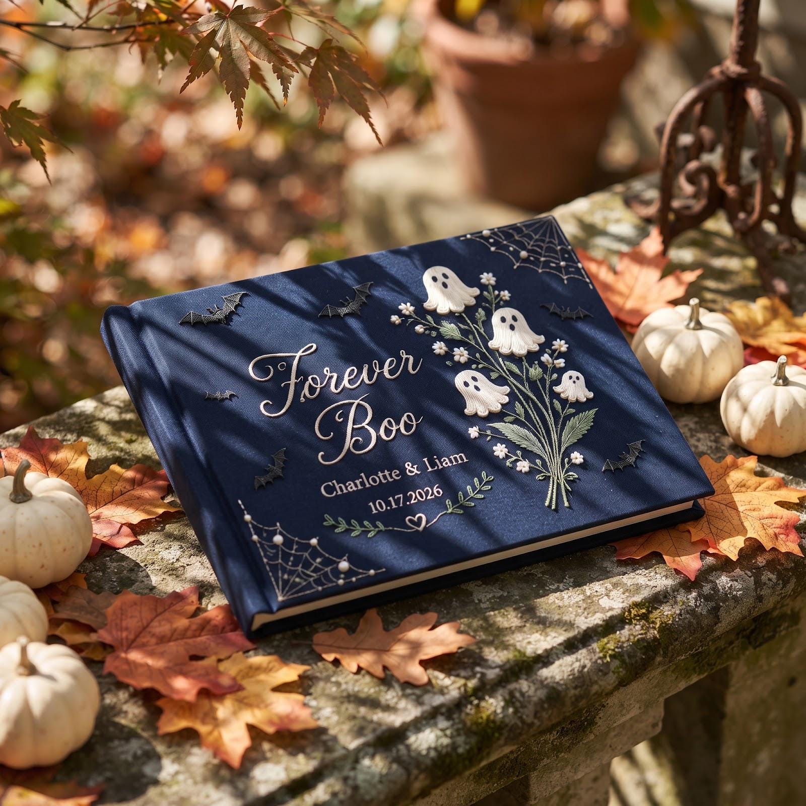 Forever Boo Personalized Embroidered Halloween Wedding Guest Book – Custom Couple Names and Date Gothic Ghost Guestbook Keepsake - photo 2