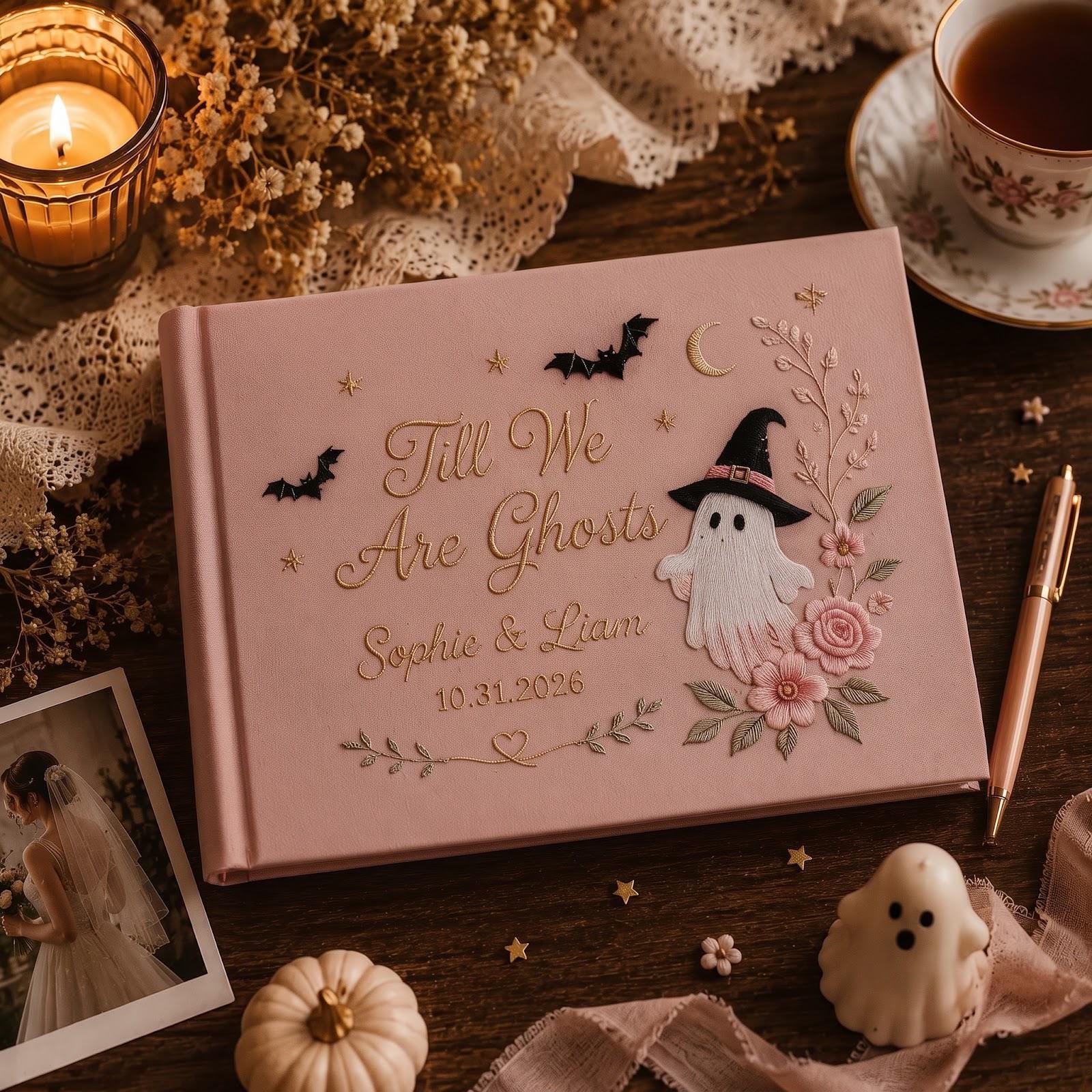 Till We Are Ghosts Personalized Pink Embroidered Halloween Wedding Guest Book – Custom Couple Names and Date Spooky Guestbook Keepsake