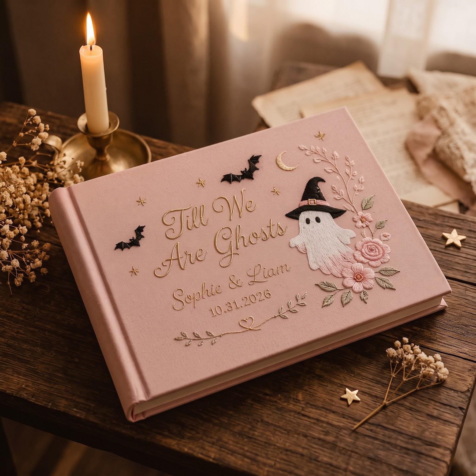 Till We Are Ghosts Personalized Pink Embroidered Halloween Wedding Guest Book – Custom Couple Names and Date Spooky Guestbook Keepsake - photo 2