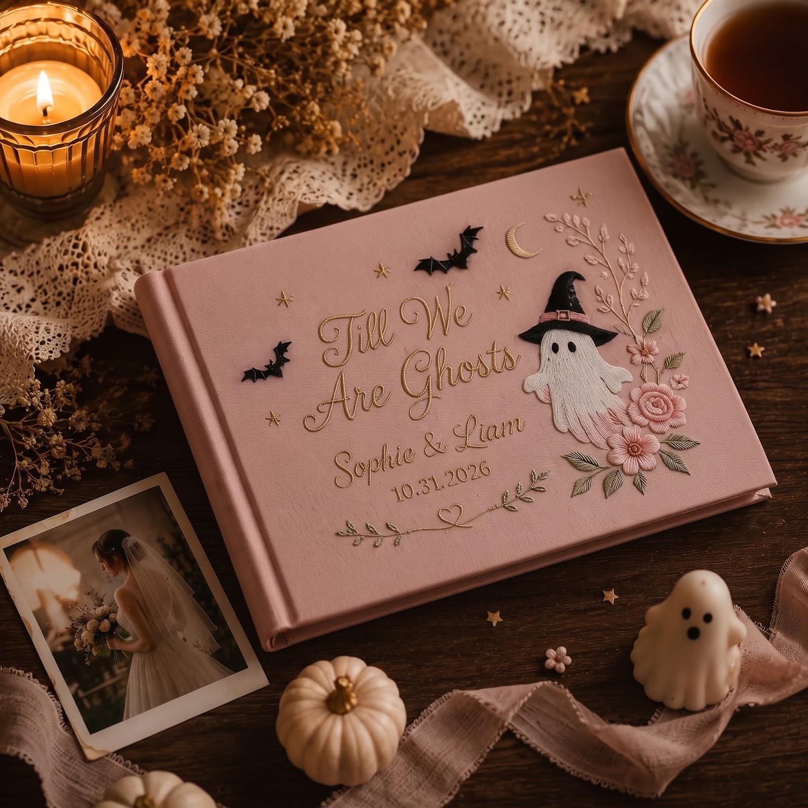 Till We Are Ghosts Personalized Pink Embroidered Halloween Wedding Guest Book – Custom Couple Names and Date Spooky Guestbook Keepsake - photo 3