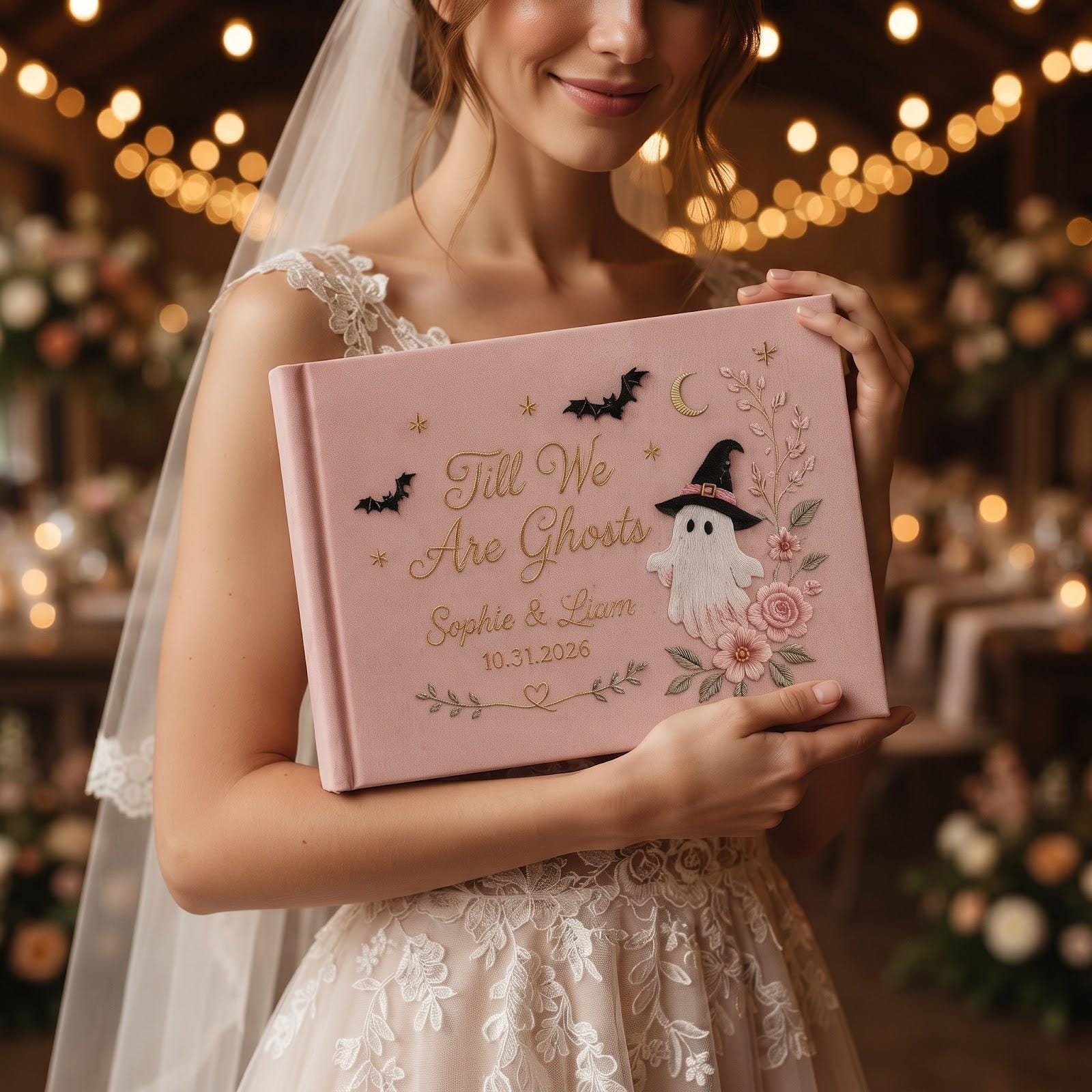 Till We Are Ghosts Personalized Pink Embroidered Halloween Wedding Guest Book – Custom Couple Names and Date Spooky Guestbook Keepsake - photo 8