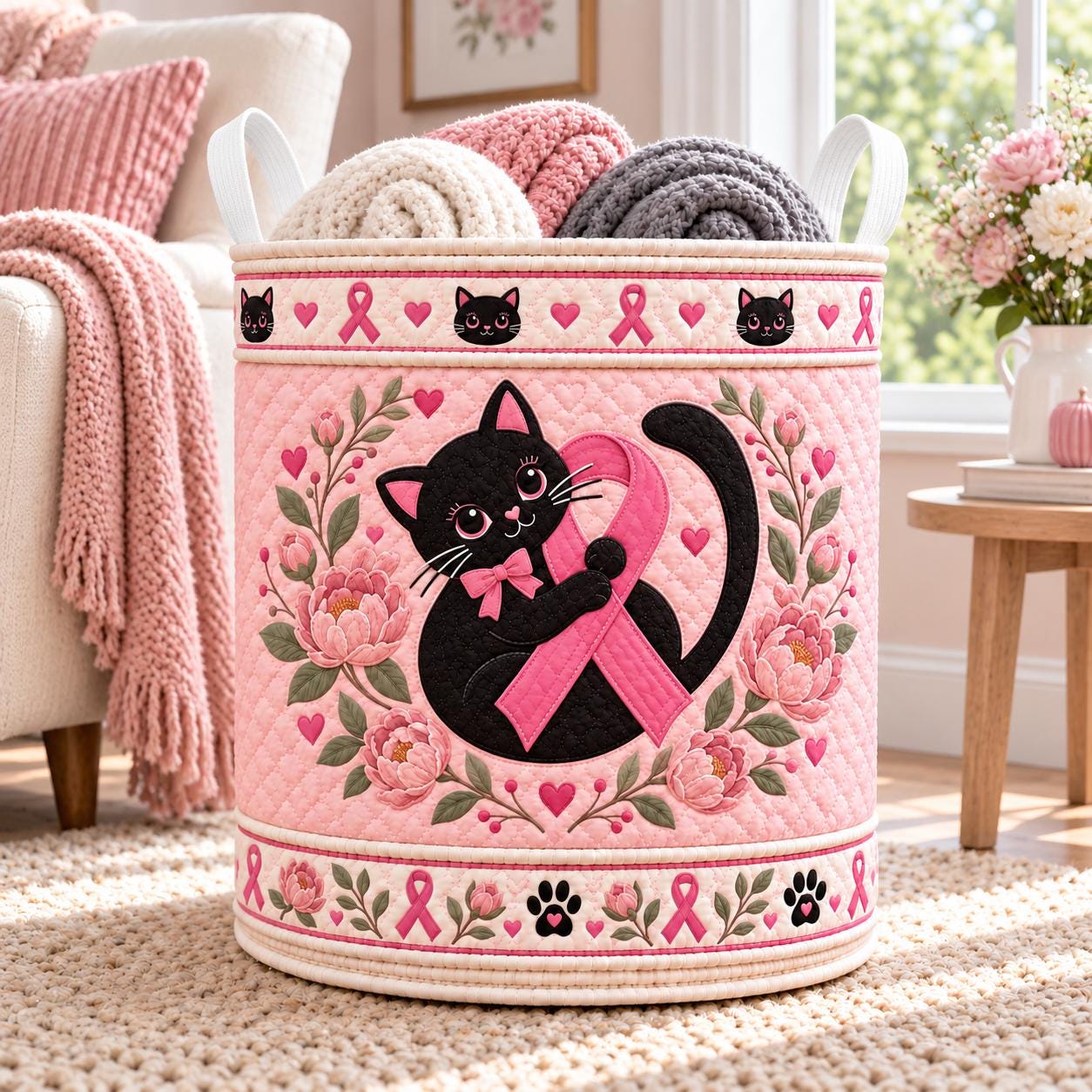 Quilt Style Pink Ribbon Black Cat Laundry Basket – Breast Cancer Awareness Support Storage Bin and Hamper Gift for Cat Lover