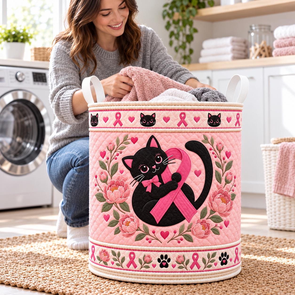 Quilt Style Pink Ribbon Black Cat Laundry Basket – Breast Cancer Awareness Support Storage Bin and Hamper Gift for Cat Lover - photo 2