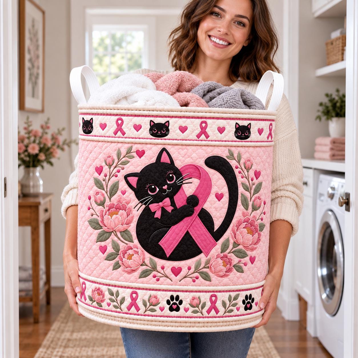 Quilt Style Pink Ribbon Black Cat Laundry Basket – Breast Cancer Awareness Support Storage Bin and Hamper Gift for Cat Lover - photo 4