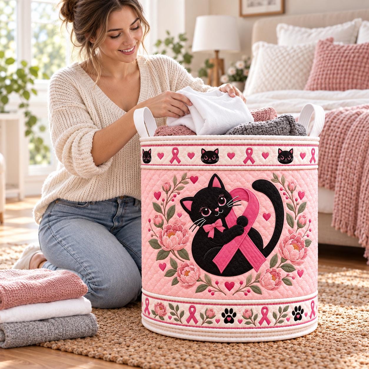 Quilt Style Pink Ribbon Black Cat Laundry Basket – Breast Cancer Awareness Support Storage Bin and Hamper Gift for Cat Lover - photo 5