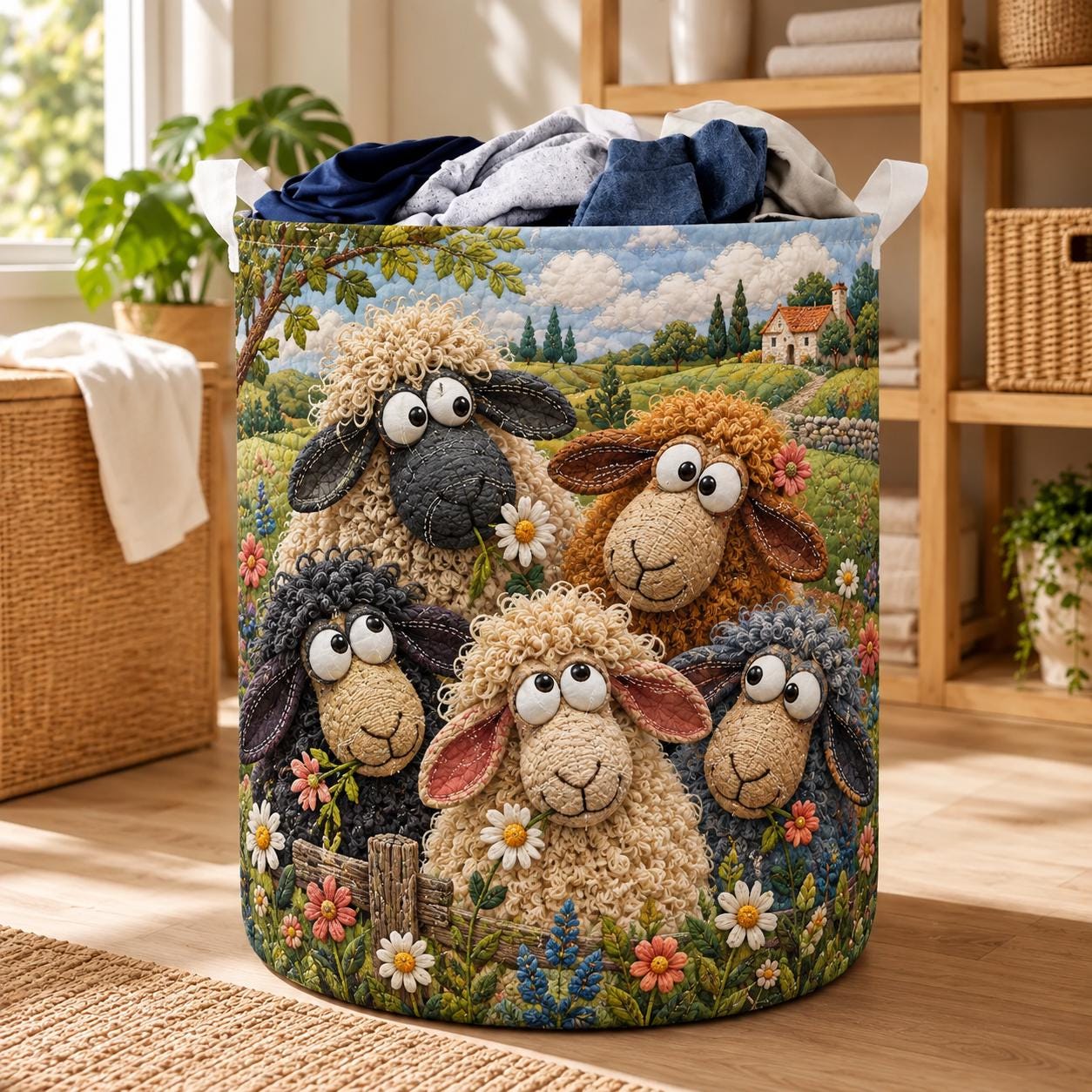 Funny Sheep Quilt Style Laundry Basket and Farm Animal Hamper – Rustic Farmhouse Organizer Storage Bin Gift for Sheep Lover