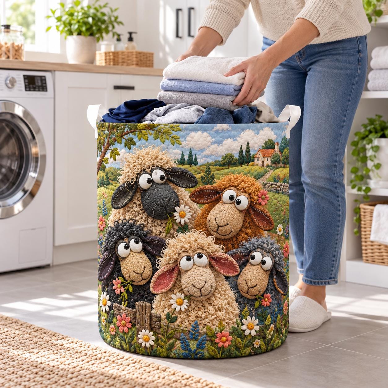 Funny Sheep Quilt Style Laundry Basket and Farm Animal Hamper – Rustic Farmhouse Organizer Storage Bin Gift for Sheep Lover - photo 2