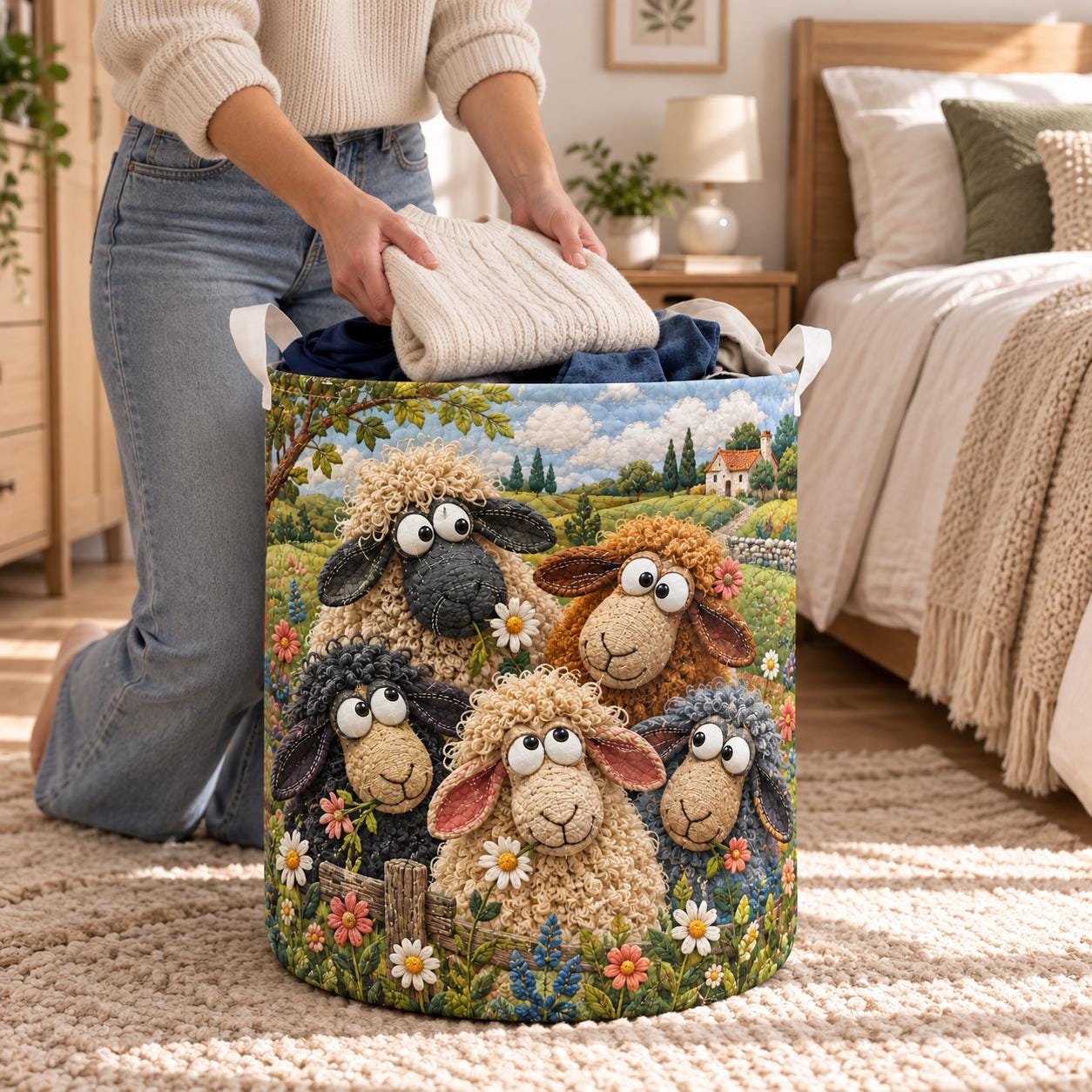 Funny Sheep Quilt Style Laundry Basket and Farm Animal Hamper – Rustic Farmhouse Organizer Storage Bin Gift for Sheep Lover - photo 4
