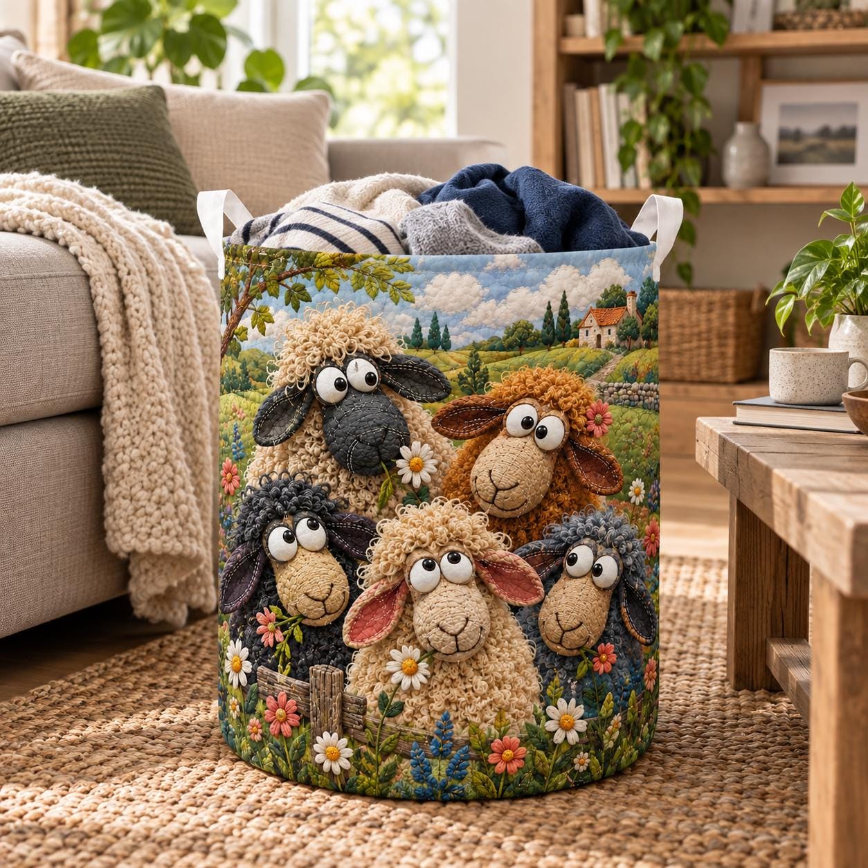 Funny Sheep Quilt Style Laundry Basket and Farm Animal Hamper – Rustic Farmhouse Organizer Storage Bin Gift for Sheep Lover - photo 5