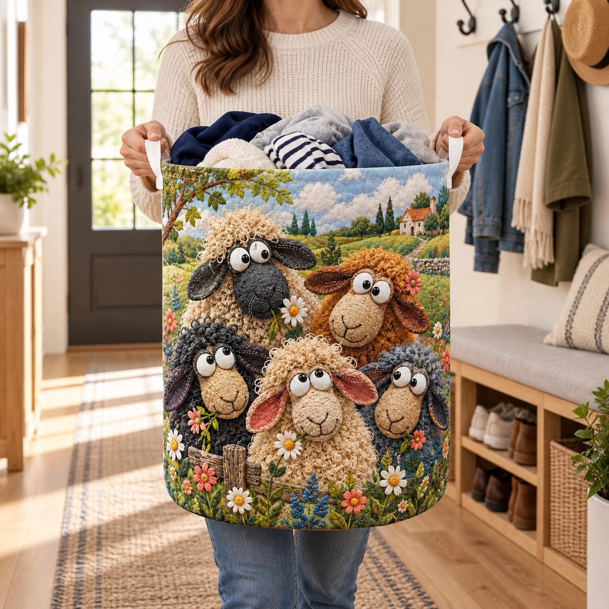Funny Sheep Quilt Style Laundry Basket and Farm Animal Hamper – Rustic Farmhouse Organizer Storage Bin Gift for Sheep Lover - photo 6
