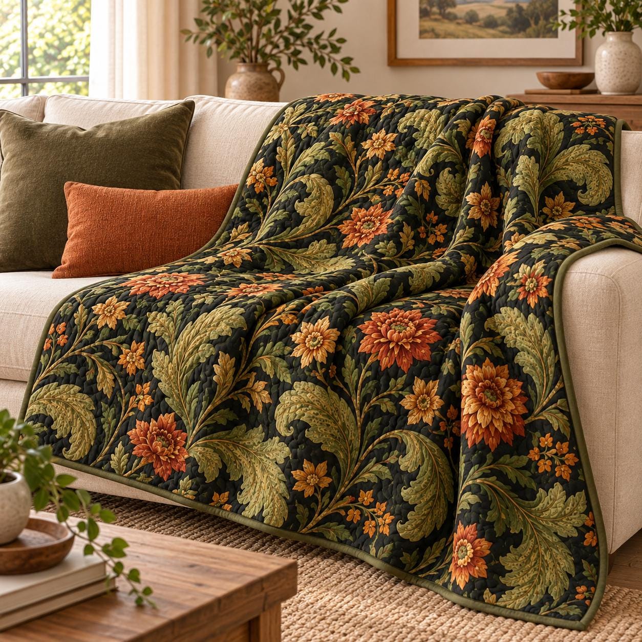 Quilted Style Dark Floral Bed Blanket and Autumn Botanical Flower Throw – Olive Green and Rust Fall Vintage Cottage Home Decor Bedding