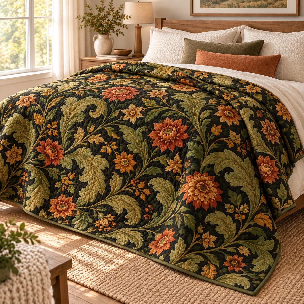 Quilted Style Dark Floral Bed Blanket and Autumn Botanical Flower Throw – Olive Green and Rust Fall Vintage Cottage Home Decor Bedding - photo 2