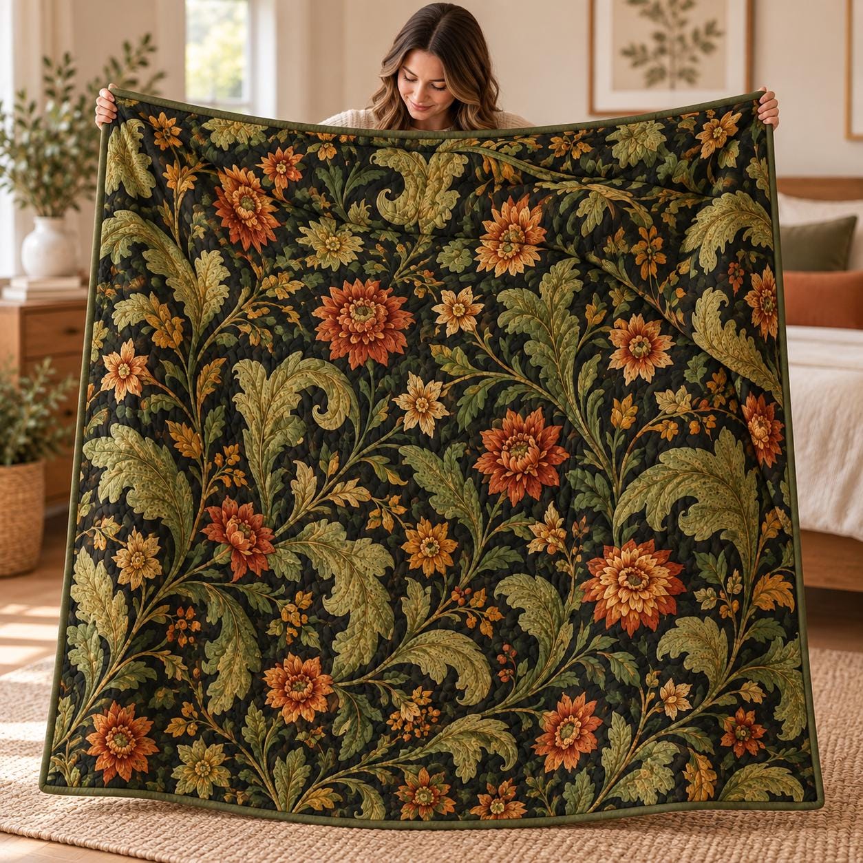 Quilted Style Dark Floral Bed Blanket and Autumn Botanical Flower Throw – Olive Green and Rust Fall Vintage Cottage Home Decor Bedding - photo 3