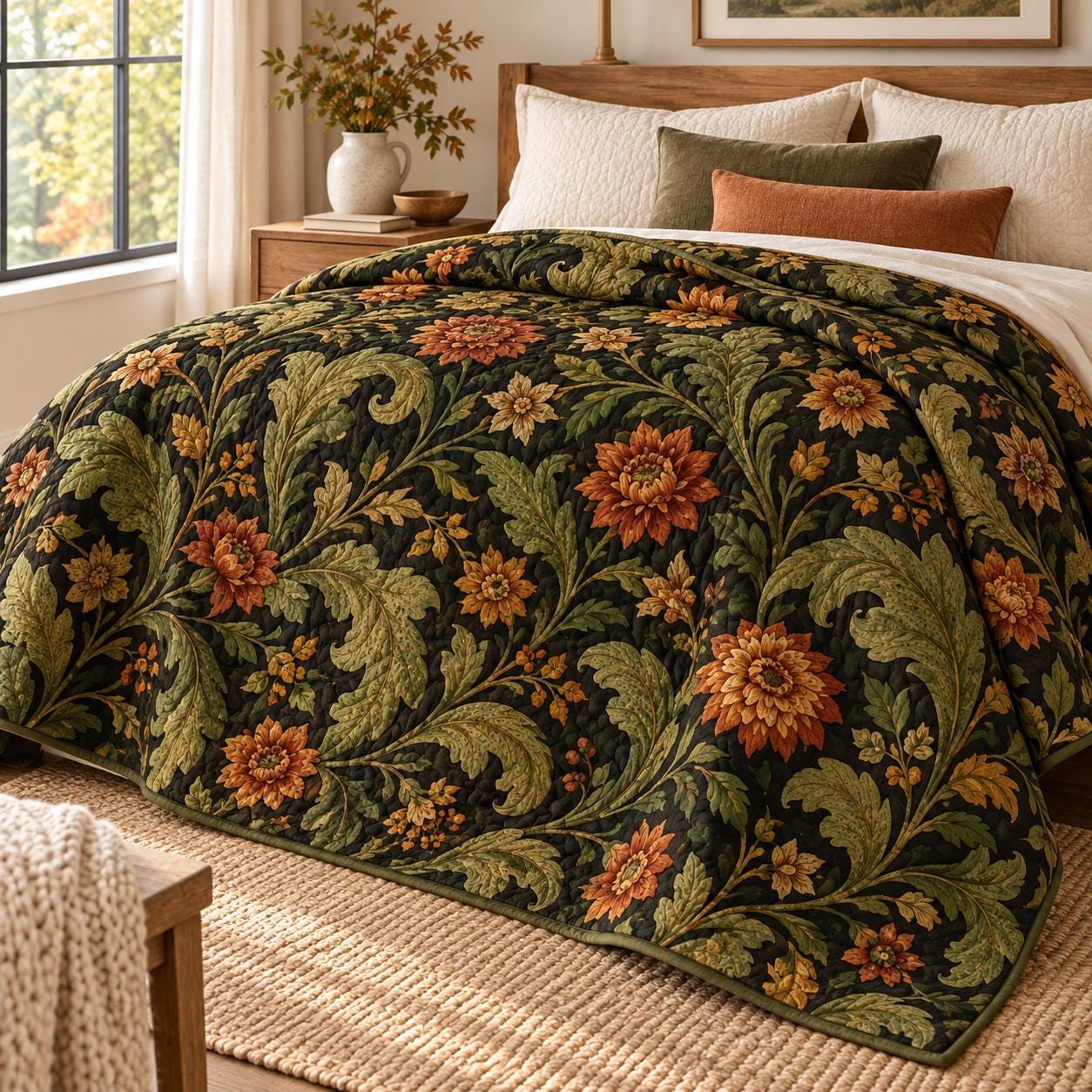 Quilted Style Dark Floral Bed Blanket and Autumn Botanical Flower Throw – Olive Green and Rust Fall Vintage Cottage Home Decor Bedding - photo 6