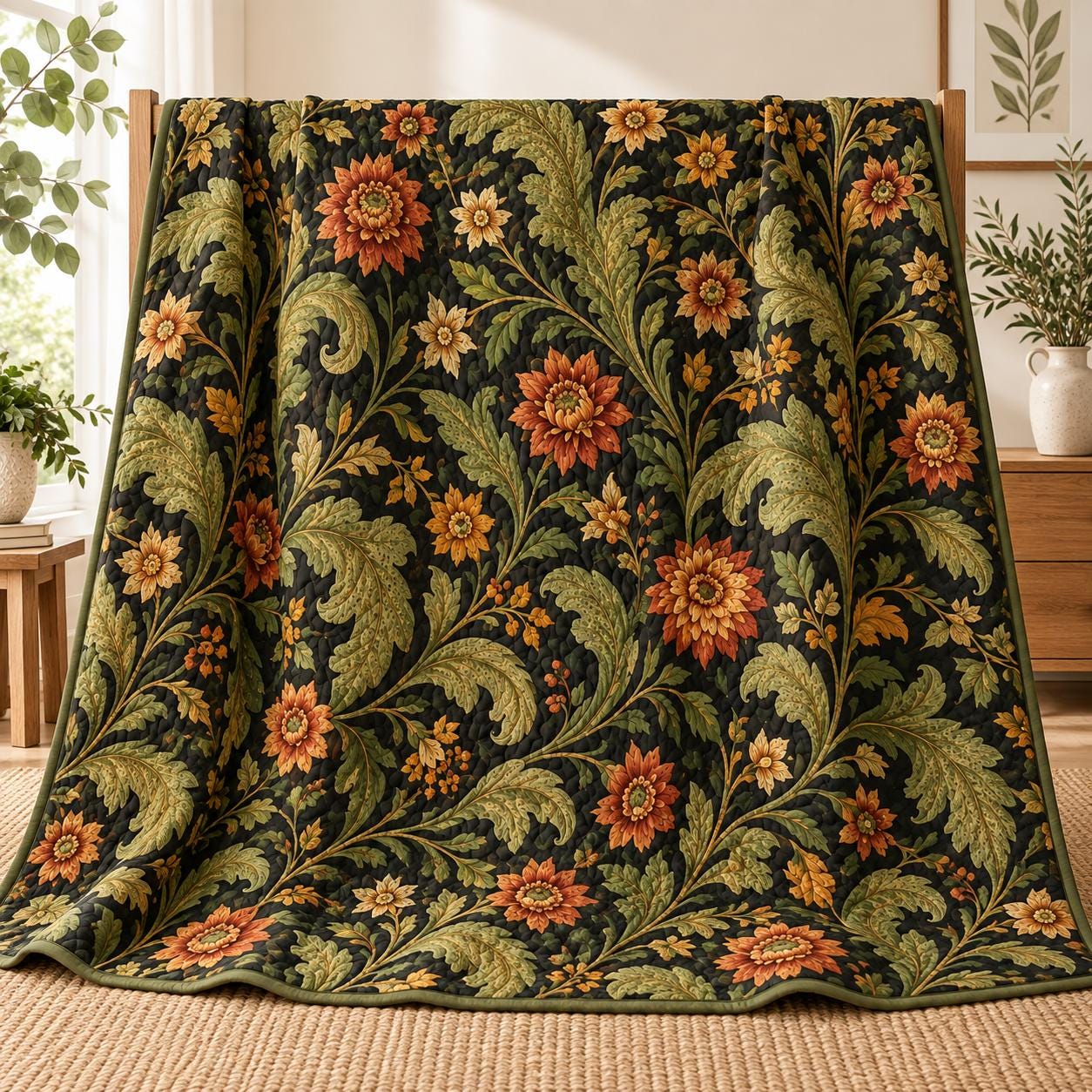 Quilted Style Dark Floral Bed Blanket and Autumn Botanical Flower Throw – Olive Green and Rust Fall Vintage Cottage Home Decor Bedding - photo 7