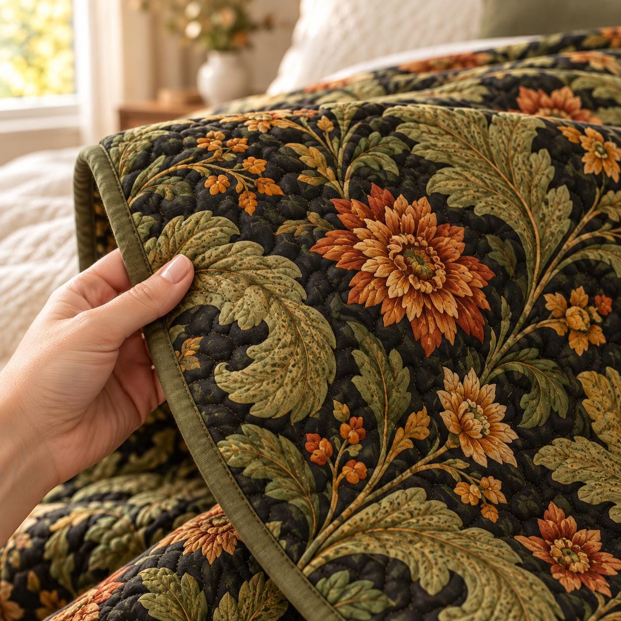 Quilted Style Dark Floral Bed Blanket and Autumn Botanical Flower Throw – Olive Green and Rust Fall Vintage Cottage Home Decor Bedding - photo 8