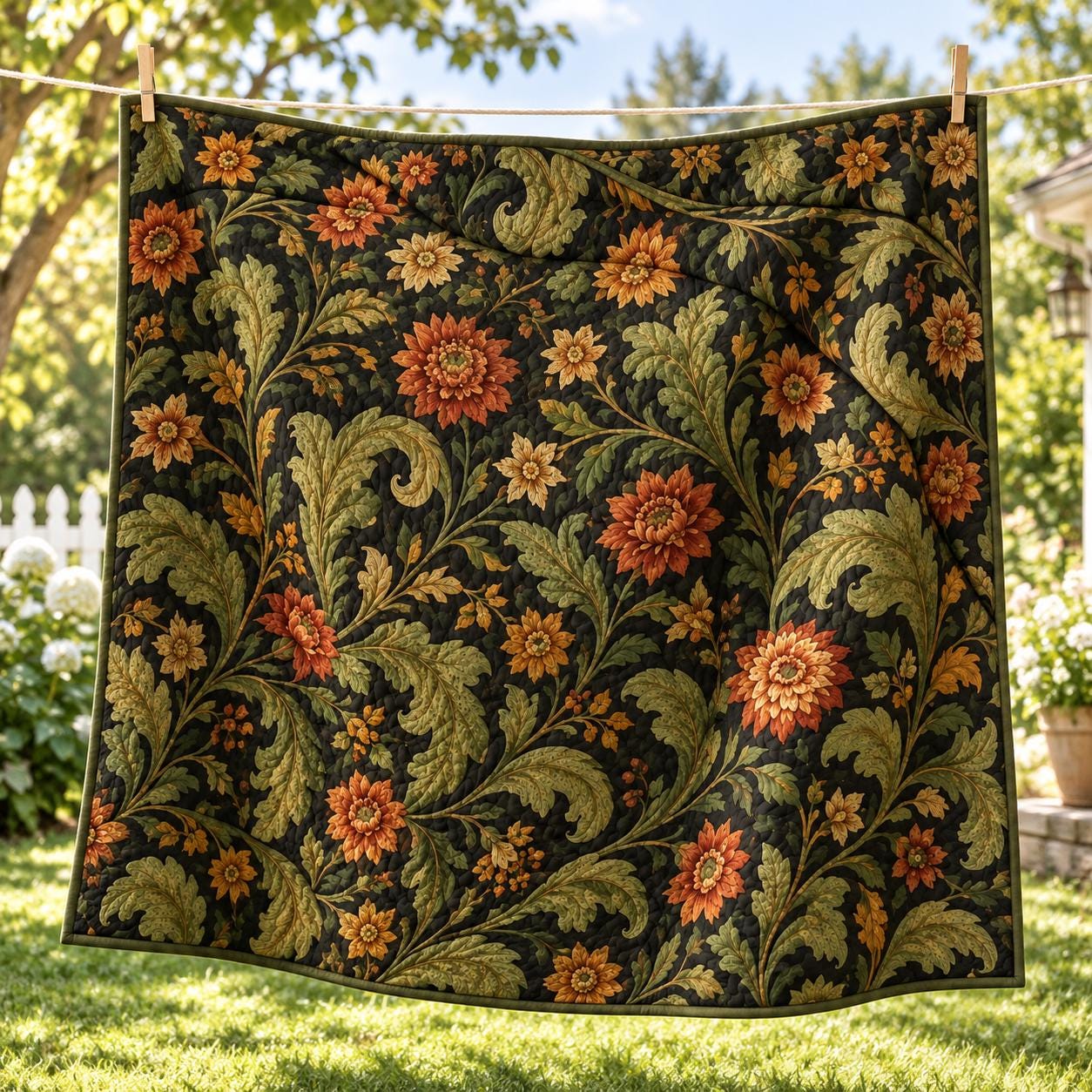 Quilted Style Dark Floral Bed Blanket and Autumn Botanical Flower Throw – Olive Green and Rust Fall Vintage Cottage Home Decor Bedding - photo 9