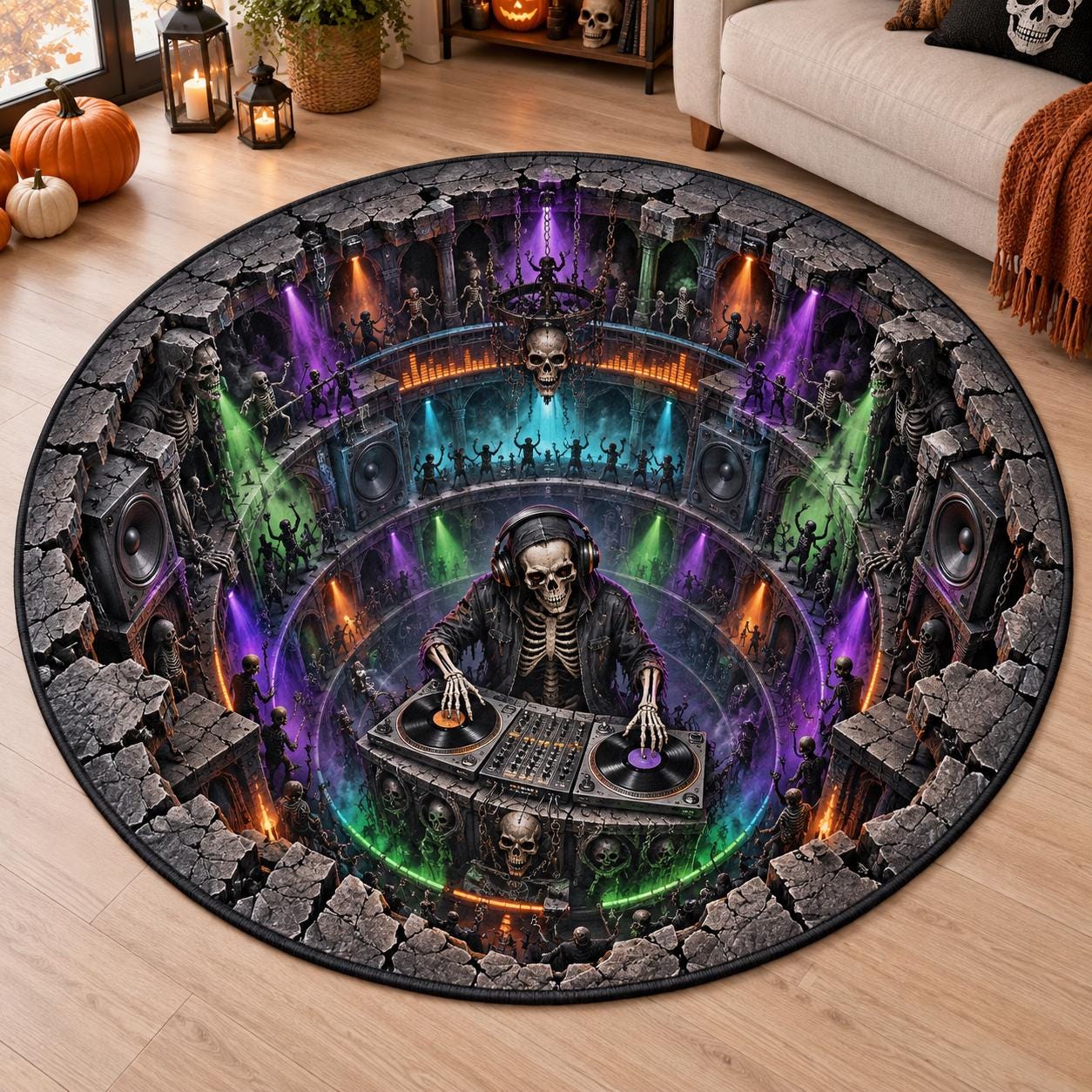 Spooky Skeleton DJ Halloween Round Rug and Quilted 3D Illusion Haunted Club Floor Mat for Party Home Decor