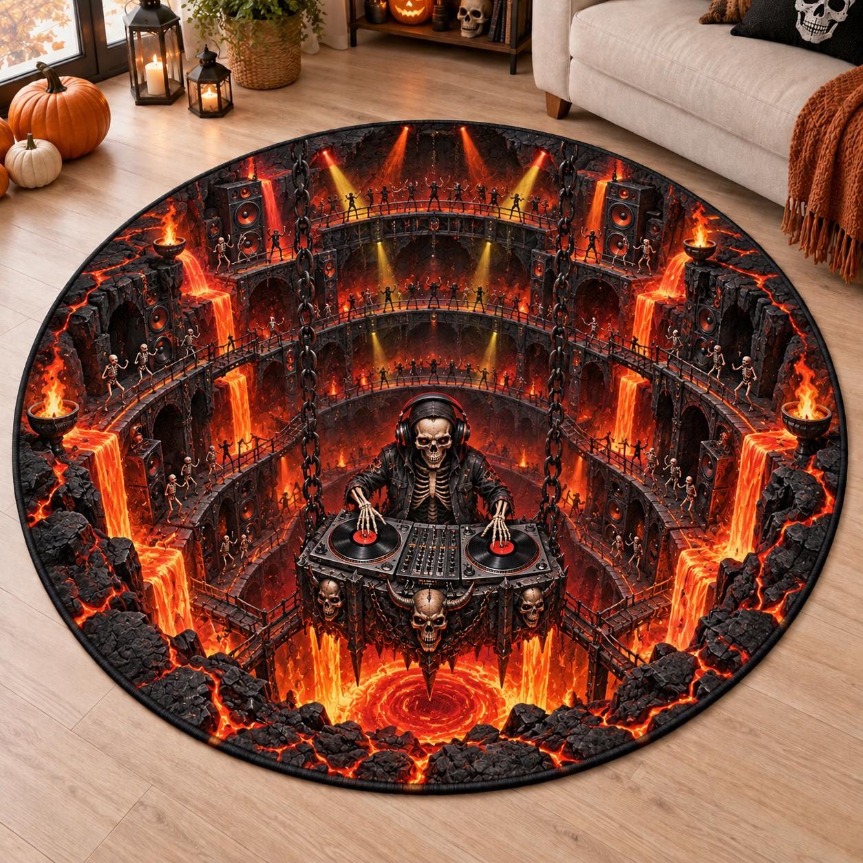 Spooky Skeleton DJ Halloween Round Rug and Quilted 3D Illusion Haunted Club Floor Mat for Party Home Decor - photo 2