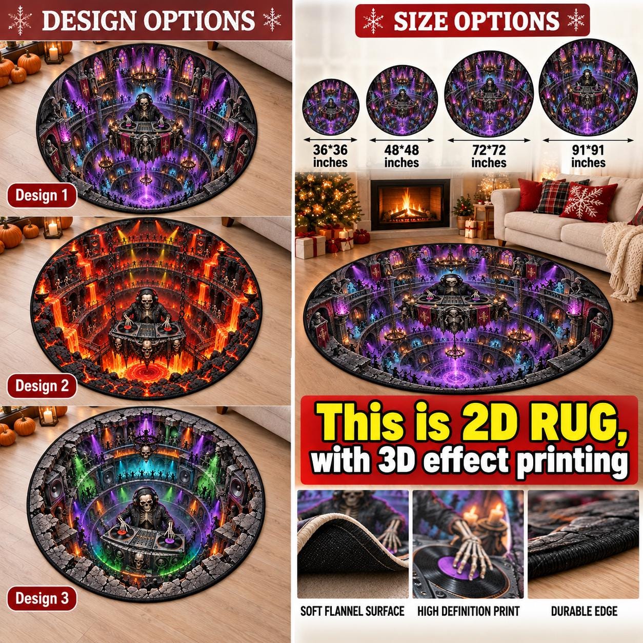 Spooky Skeleton DJ Halloween Round Rug and Quilted 3D Illusion Haunted Club Floor Mat for Party Home Decor - photo 3