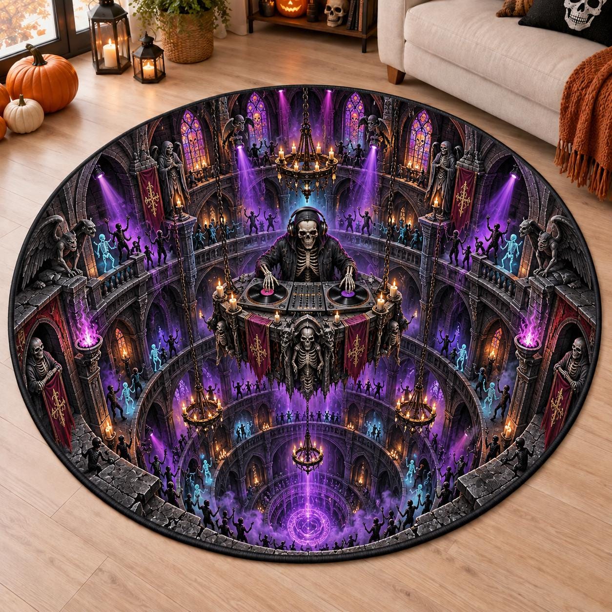 Spooky Skeleton DJ Halloween Round Rug and Quilted 3D Illusion Haunted Club Floor Mat for Party Home Decor - photo 4