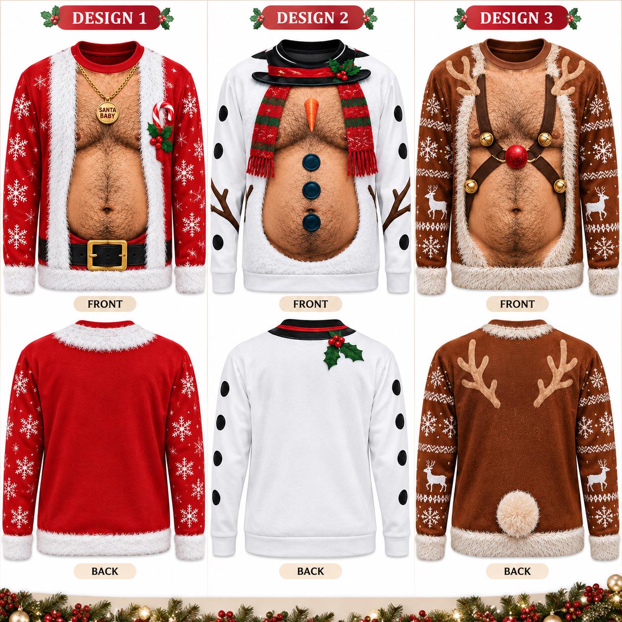 Funny Fake Hairy Chest Body Sweatshirt for Men – Santa Snowman Reindeer Ugly Christmas Sweater Crewneck Xmas Party Gag Gift - photo 3