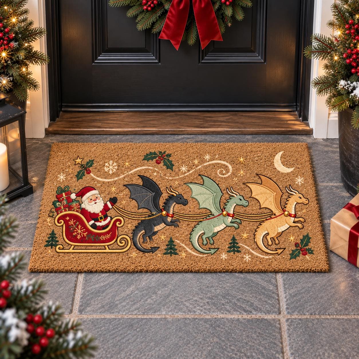 Dragon Coir Doormat And Door Mat For Fantasy Christmas Porch Decor, Funny Holiday Santa Sleigh Welcome Mat, Dragon Lover Gift