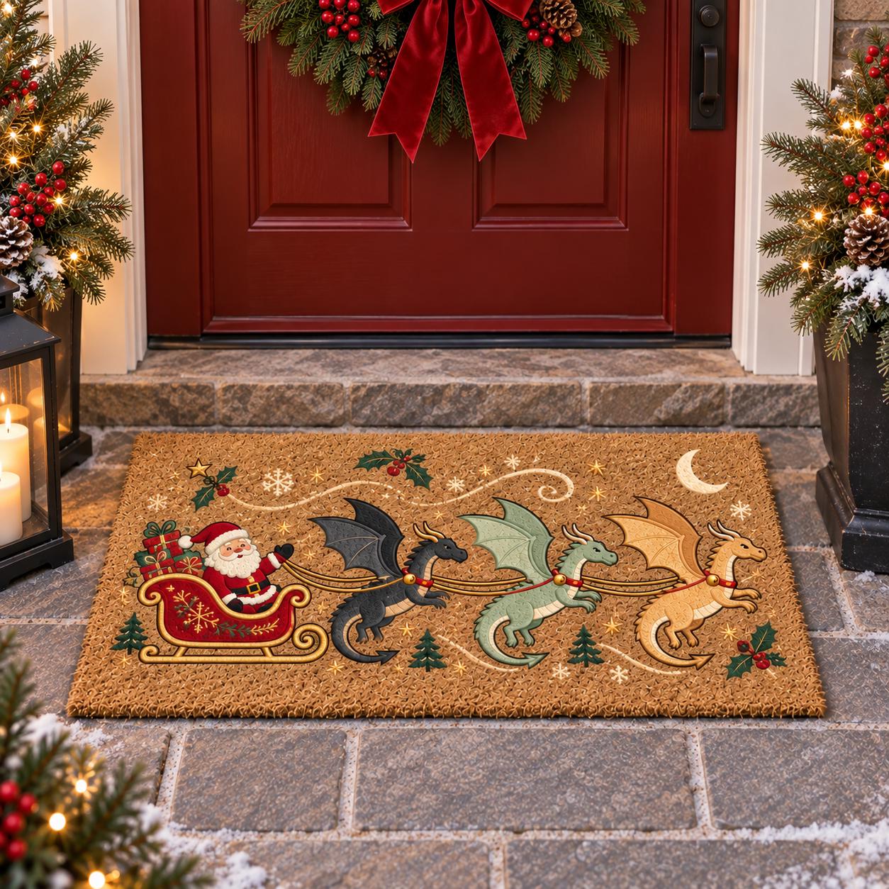 Dragon Coir Doormat And Door Mat For Fantasy Christmas Porch Decor, Funny Holiday Santa Sleigh Welcome Mat, Dragon Lover Gift - photo 2
