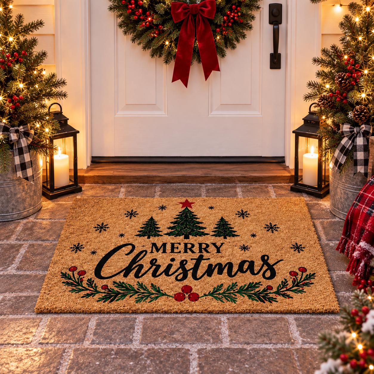 Merry Christmas Doormat with Tree Coir Welcome Mat for Rustic Holiday Front Door Decor and Farmhouse Porch Entryway