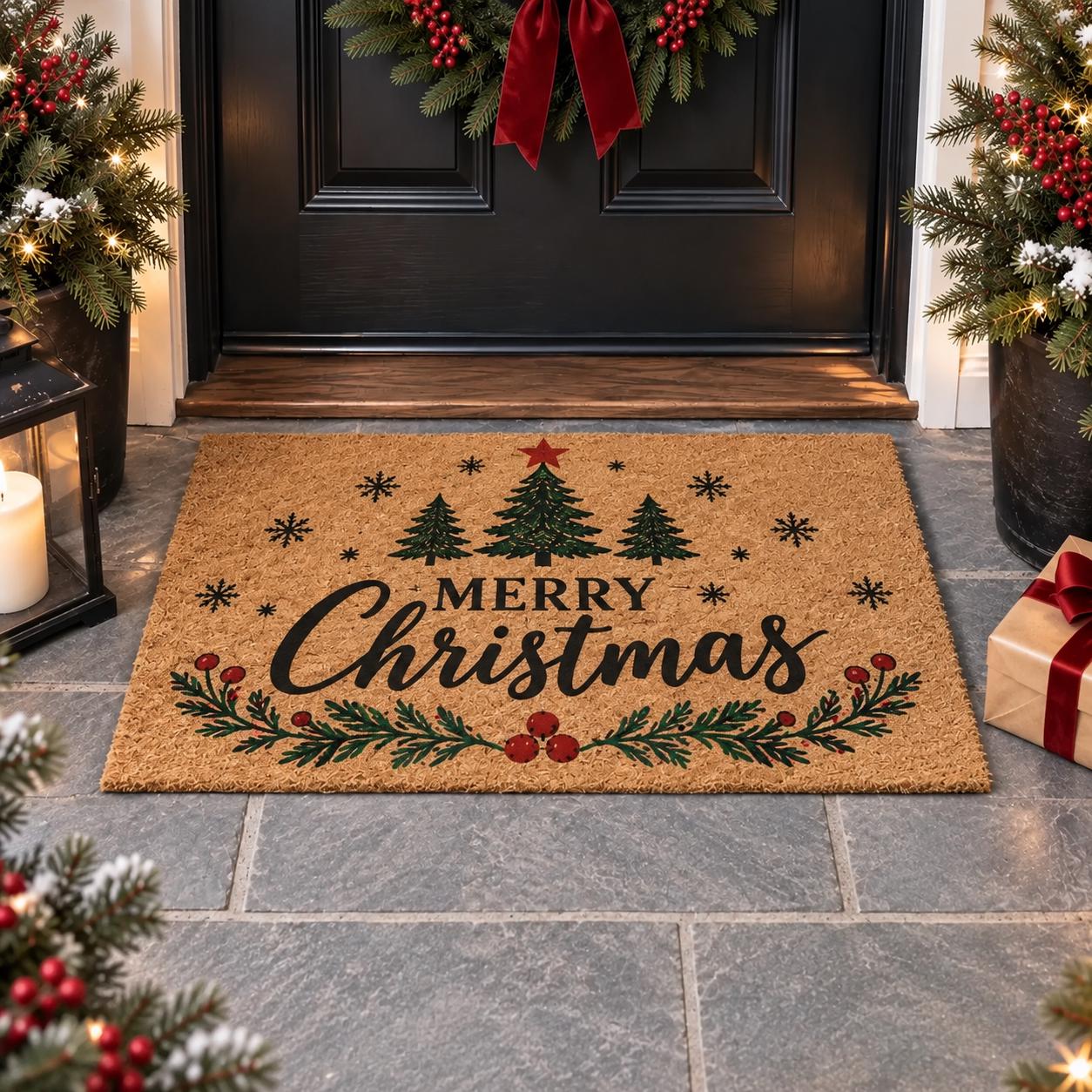 Merry Christmas Doormat with Tree Coir Welcome Mat for Rustic Holiday Front Door Decor and Farmhouse Porch Entryway - photo 2